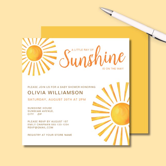 Sunshine Baby Shower Einladung (Little Ray of Sunshine Baby Shower square invitation)
