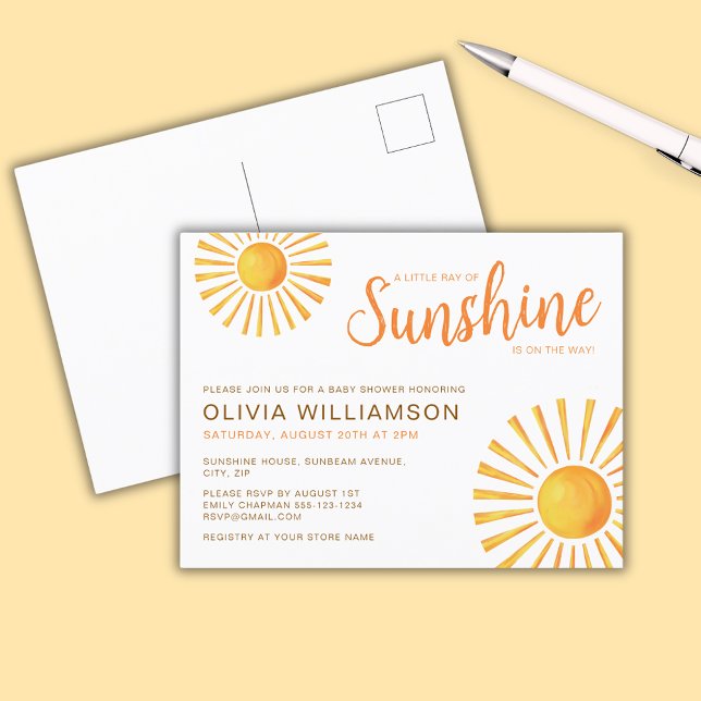 Sunshine Baby Shower Postkarte (Little Ray of Sunshine Baby Shower Invitation Postcard)