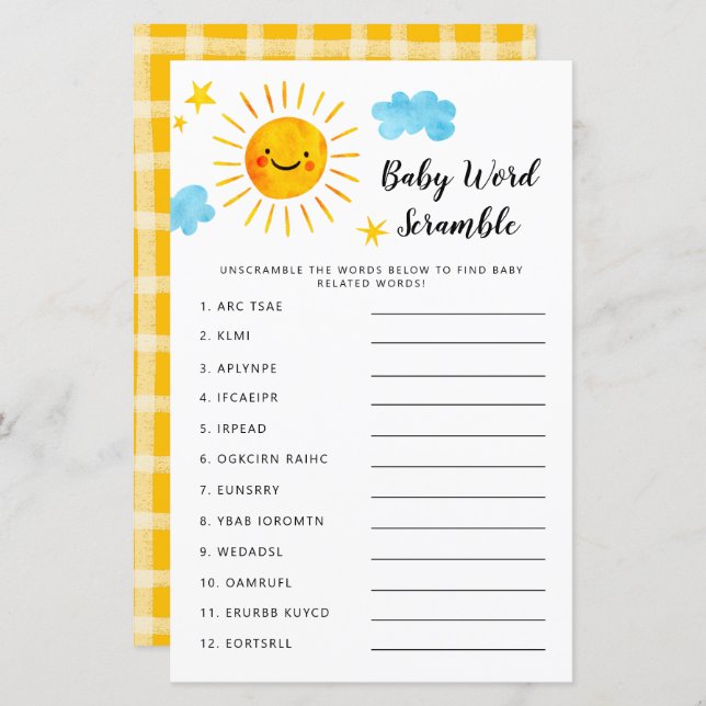 Sunshine Baby Shower Word Scramble Game (Vorne/Hinten)