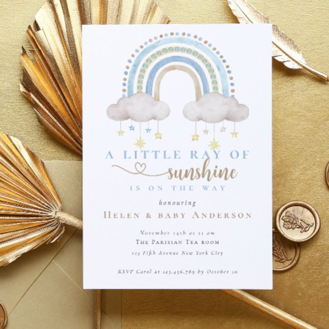 Sunshine Blue Boho Rainbow Boy Baby Dusche Einladung (Blue Watercolor Boho Rainbow Boy Baby Shower Invitation)