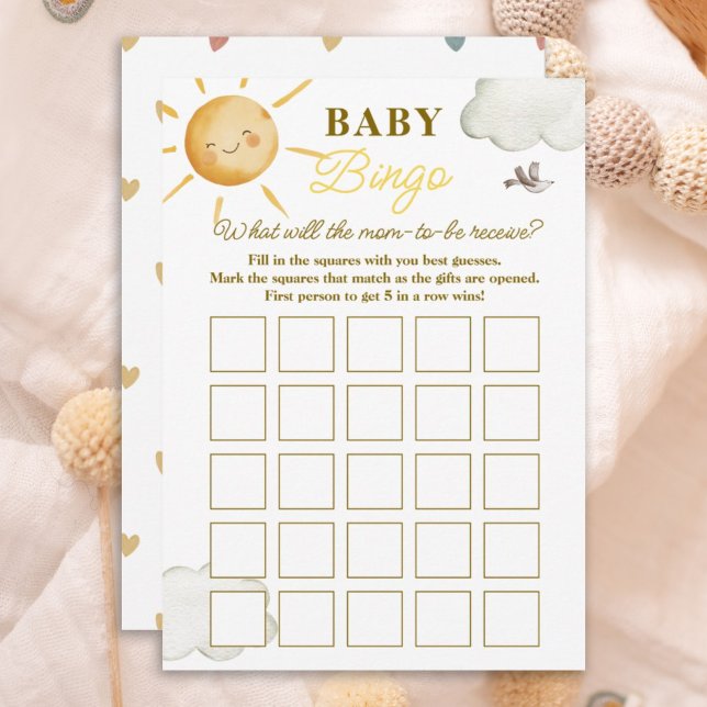 Sunshine Boho Sun Gender-Neutral Baby Bingo Card Mitteilungskarte (Von Creator hochgeladen)