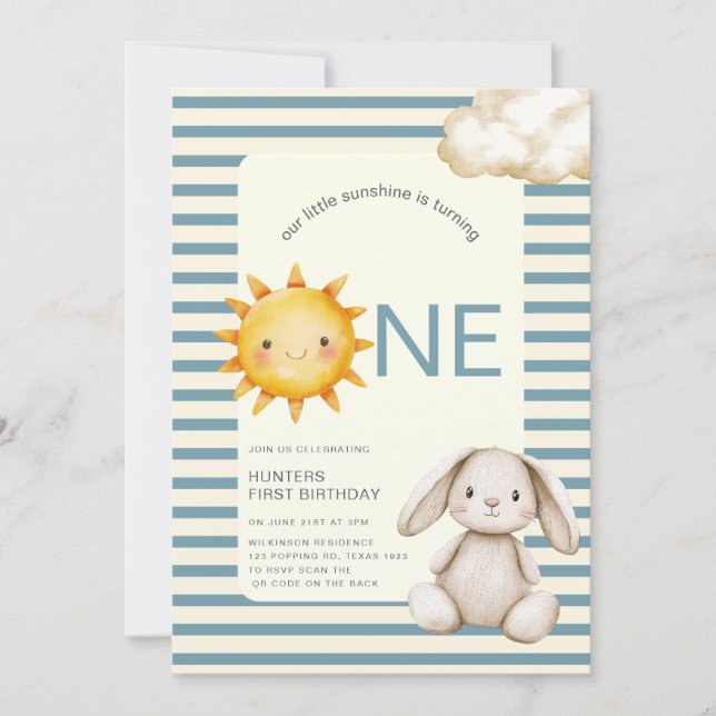 Sunshine Cute Bunny First Birthday OR code Einladung (Vorderseite)