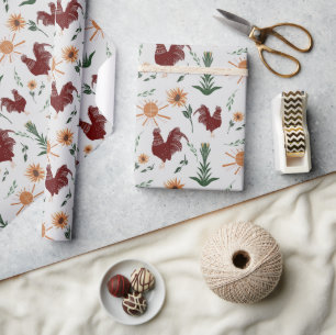 Sunshine Folk Art Rooster Muster Geschenkpapier