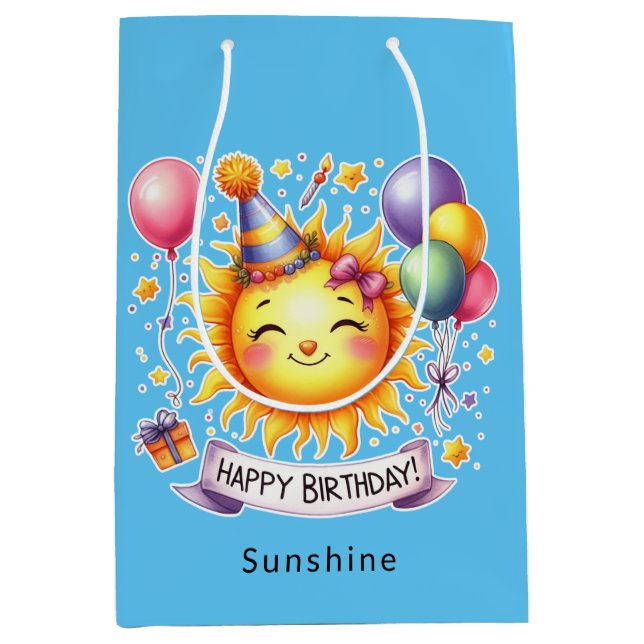 Sunshine Individuelle Name Happy Birthday Blue Mittlere Geschenktüte (Vorderseite)