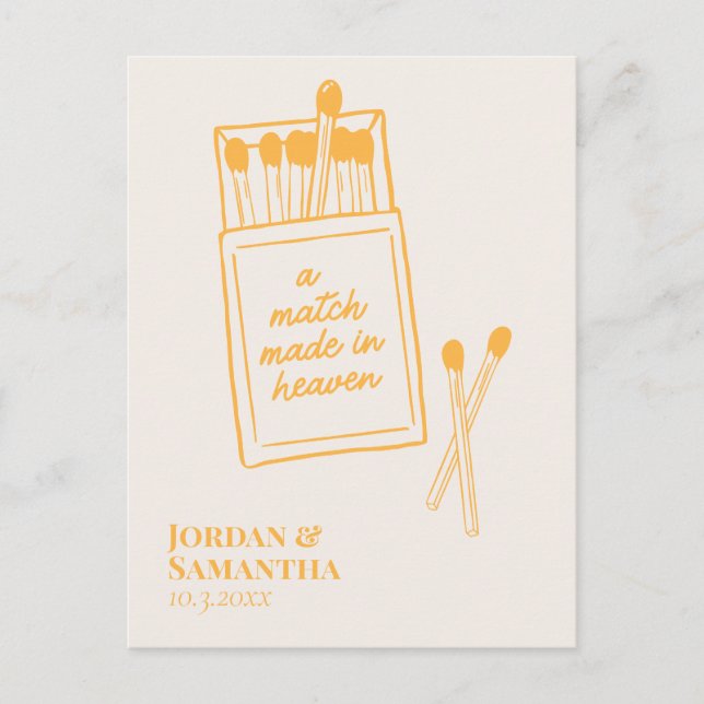 Sunshine Orange Match Made in Heaven Save the Date Postkarte (Vorderseite)