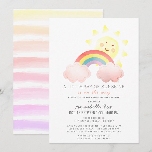 Sunshine & Rainbow Drive by Baby Shower Einladung (Vorne/Hinten)