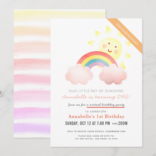 Sunshine & Rainbow Girl Virtual Birthday Party Einladung (Vorne/Hinten)