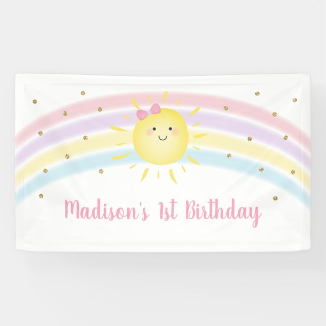Sunshine Rainbow Pink Gold Pastel Geburtstag Banner (Horizontal)