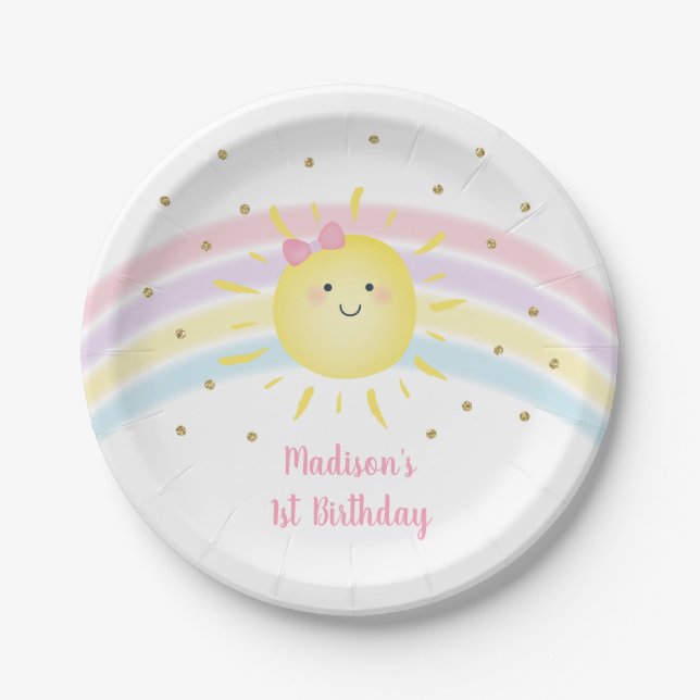 Sunshine Rainbow Pink Gold Pastel Geburtstag Pappteller (Vorderseite)