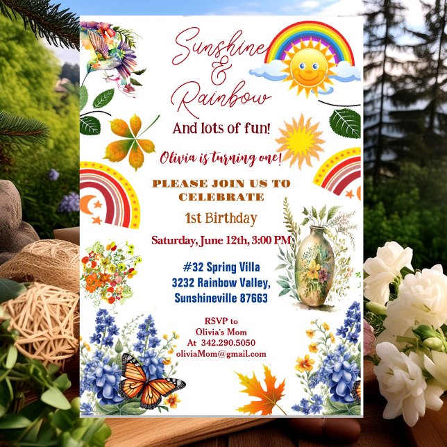 Sunshine Rainbow Spring Garden Butterfly Geburtsta Einladung (Sunshine Rainbow Spring Garden Butterfly Birthday Invitation)