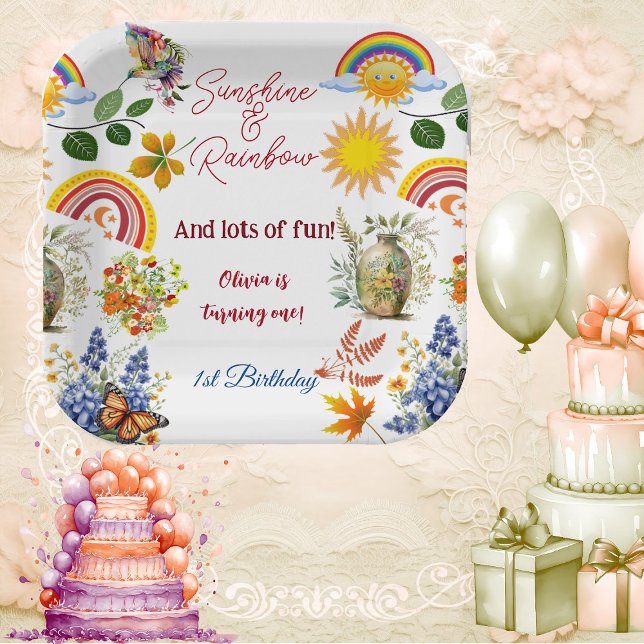Sunshine Rainbow Spring Garden Butterfly Geburtsta Pappteller (Sunshine Rainbow Spring Garden Butterfly Birthday Paper Plates)