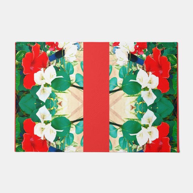Sunshine Red Hibiskus Green Blätter Herbstfarben S Fußmatte (Vorderseite)