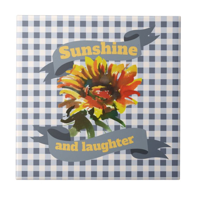 Sunshine Sunflower Blue Gingham Fliese (Vorderseite)