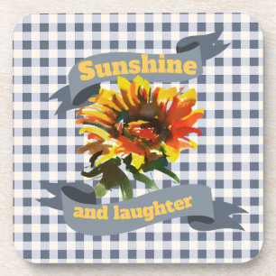 Sunshine Sunflower Blue Gingham Getränkeuntersetzer