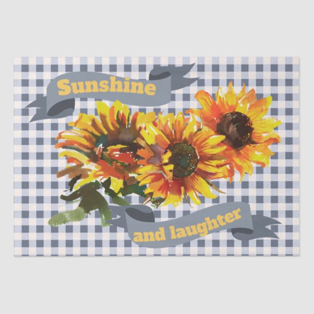 Sunshine Sunflower Blue Gingham Seidenpapier (Vorderseite)