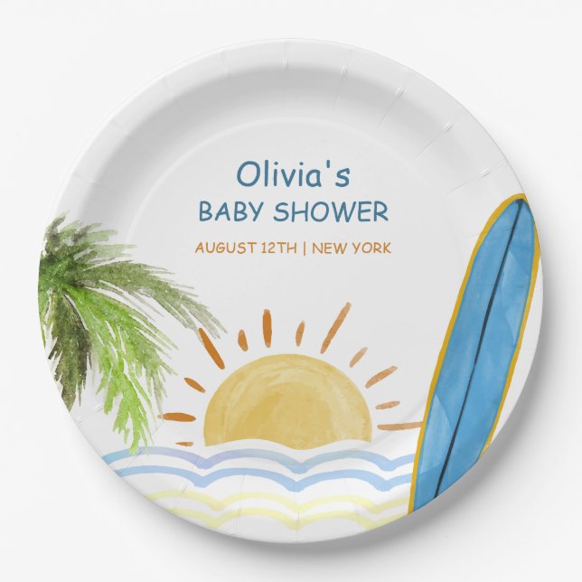 Sunshine Tropical Surfing Baby Dusche Pappteller (Vorderseite)