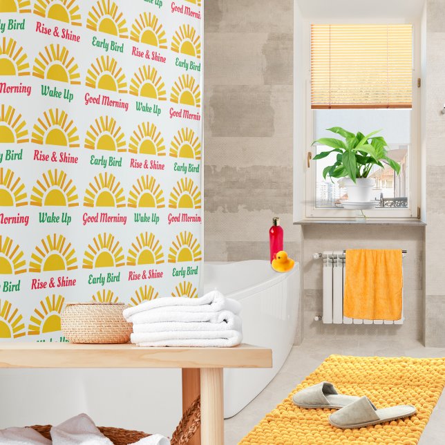 Sunshine Wecke aufsteigen und Motivierend Worte Duschvorhang (A modern shower curtain with bright yellow sunshine pattern and morning themed words)