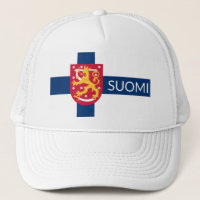 Suomi-Flagge mit überlagerten Wappen