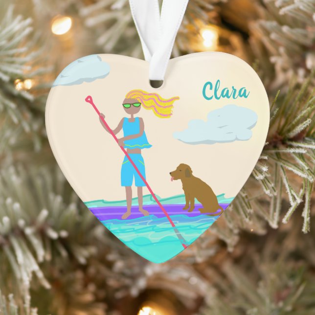 SUP Stand Up Paddleboarding Girl Hund Foto Ornament (Baum)