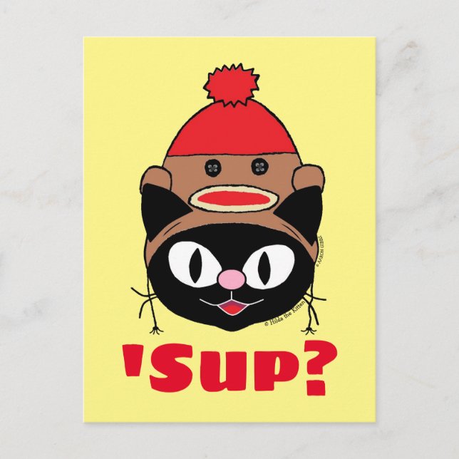 Sup? (Was ist los?) Cat Sock Monkey Hat Postkarte (Vorderseite)