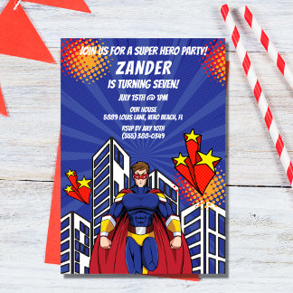 Supehero Skyline Boy Geburtstagsparty Einladung