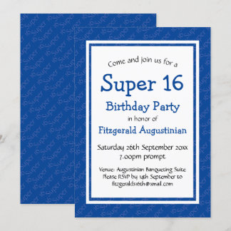 SUPER 16 16 Geburtstag Personalisierter BLAU Einladung