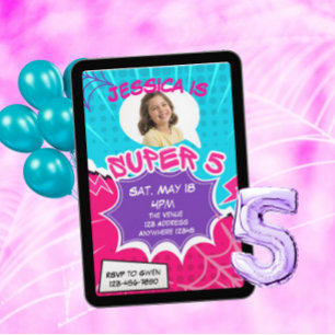 Super 5 Pink Purple Web Comic 5. Geburtstag  Einladung