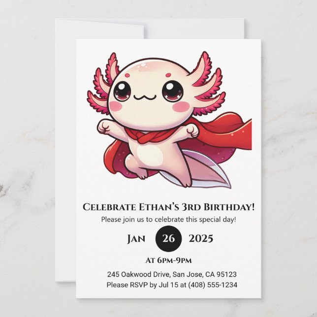 Super Axolotl Hero Birthday Einladung (Vorderseite)
