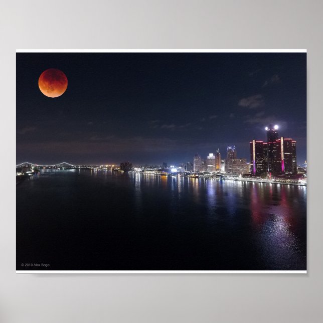 Super Blood Wolf Moon über trockenes Foto Detroit Poster (Vorne)