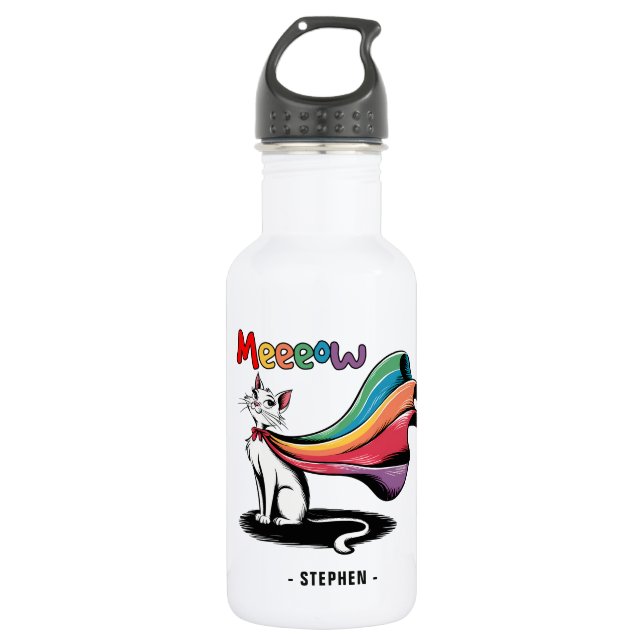 Super Cat Meeeow - Rainbow Cape Pride Cat Edelstahlflasche (Vorderseite)