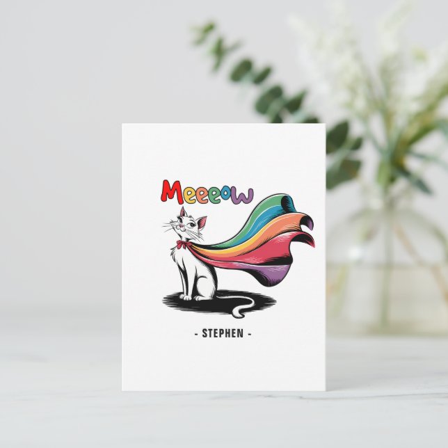 Super Cat Meeeow - Rainbow Cape Pride Cat Postkarte (Stehend Vorderseite)