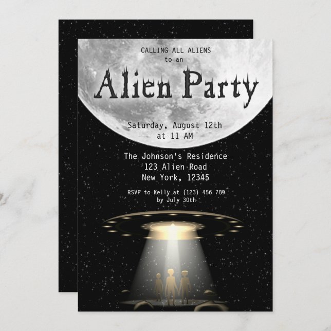 Super Cool Schwarz & Weiß Alien & UFO Party Einlad Einladung (Vorne/Hinten)