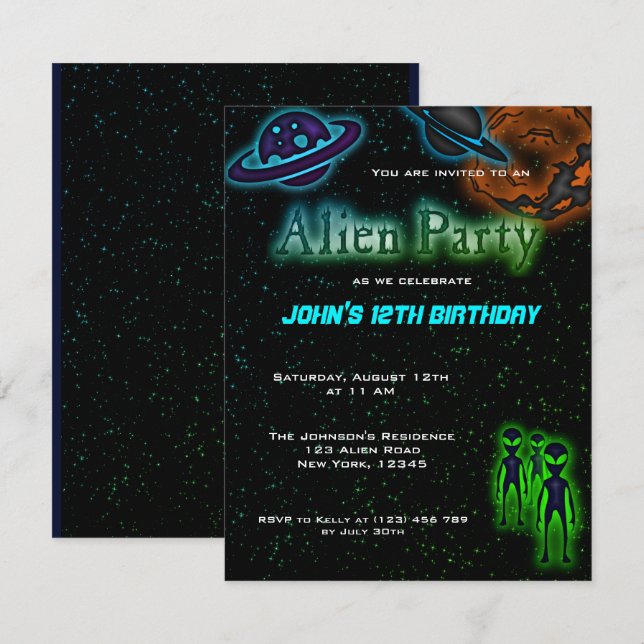 Super Coole Alien Birthday Party Einladung (Vorne/Hinten)