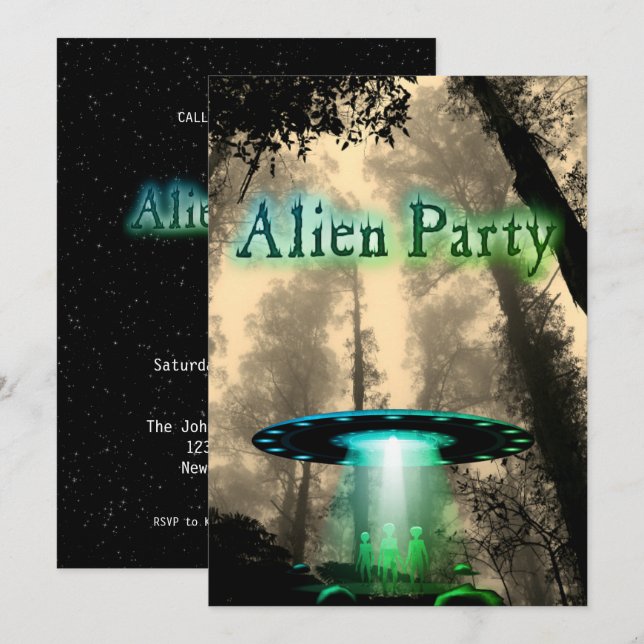 Super Coole Alien & UFO Party Einladung (Vorne/Hinten)
