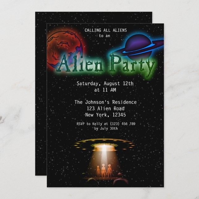 Super Coole Alien & UFO Party Einladung (Vorne/Hinten)