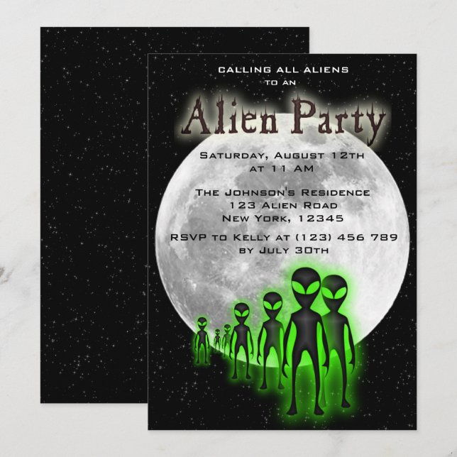 Super Coole Alien & UFO Party Einladung (Vorne/Hinten)