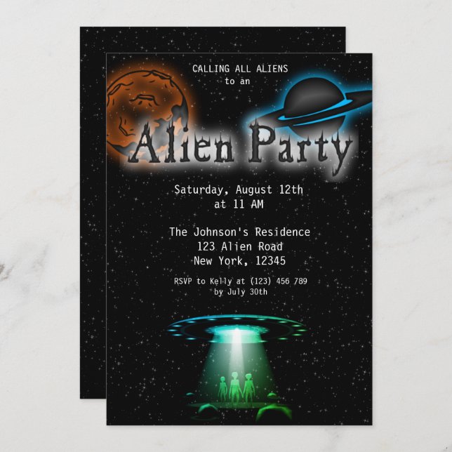 Super Coole Alien & UFO Party Einladung (Vorne/Hinten)