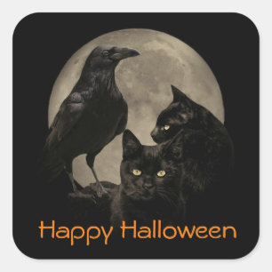 Super Cooler Gothic Rabe und Katzen Halloween Quadratischer Aufkleber