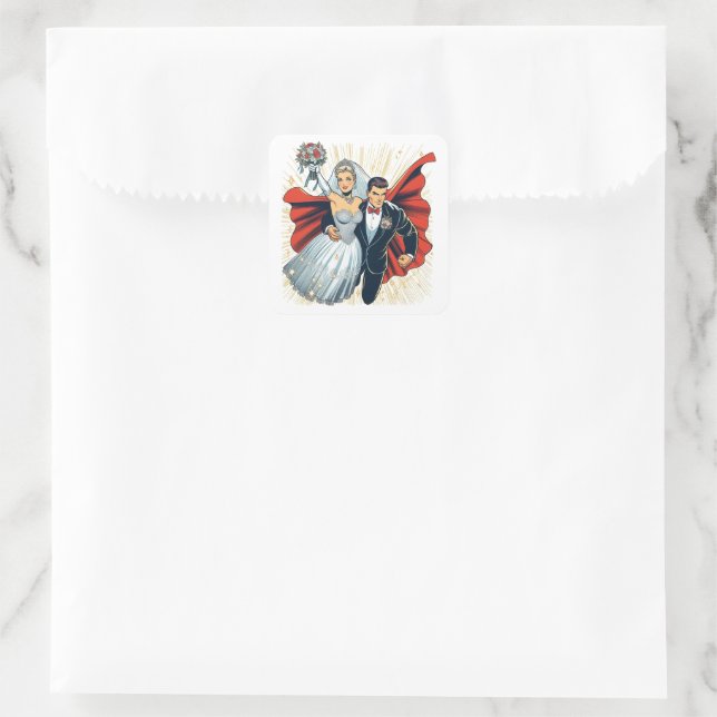 Super Couple Wedding Quadratischer Aufkleber (Tasche)