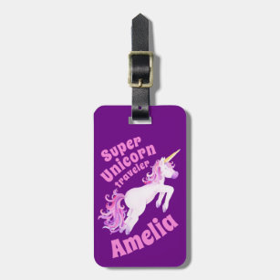 Super Einhorn-Fahrer lila-rosa-Kinder-Namensschild Gepäckanhänger