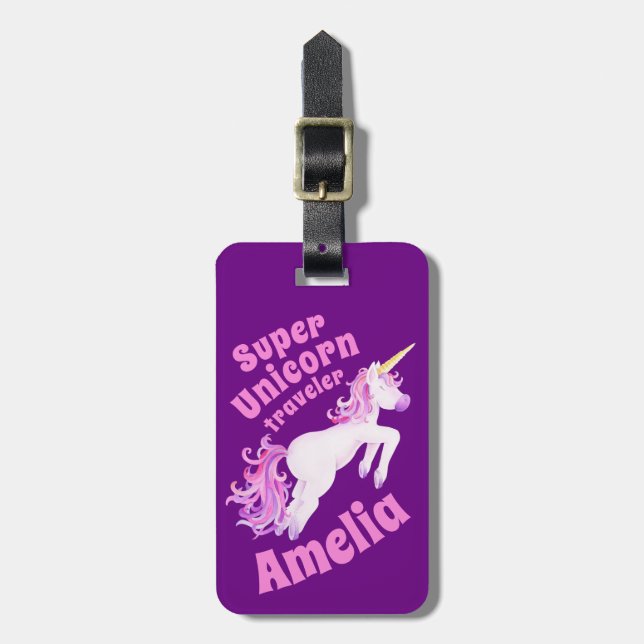 Super Einhorn-Fahrer lila-rosa-Kinder-Namensschild Gepäckanhänger (Vorderseite vertikal)