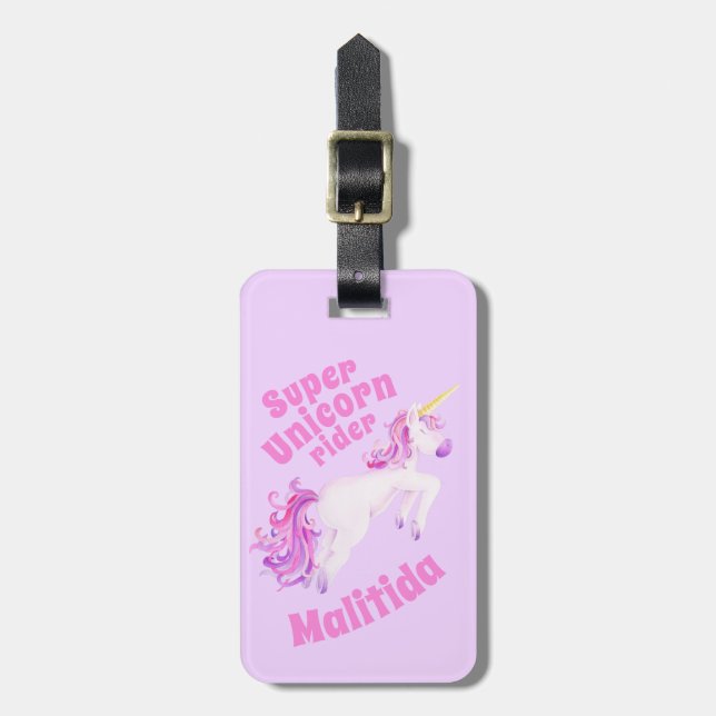 Super Einhornreiter Rosa Einhorn Kinder Namensschi Gepäckanhänger (Vorderseite vertikal)