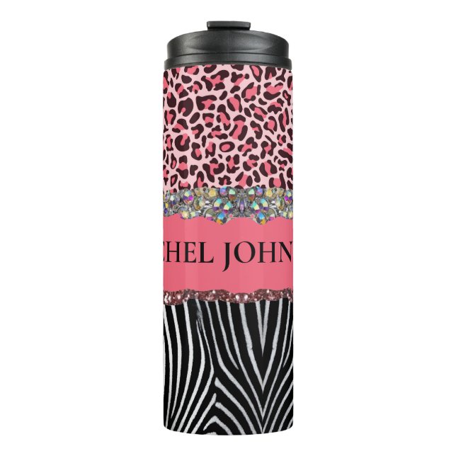 Super Girl Pink Glitzer Exotic Leopard Print Thermosbecher (Vorderseite)