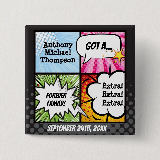 Super Hero Comic Book Adoption, Party Supplier Button (Vorderseite)
