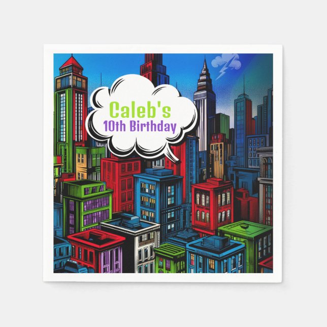 Super Hero Comic Book City Geburtstagsparty Serviette (Vorderseite)