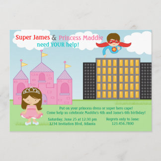 Super Hero und Princess Twins Joint Birthday Party Einladung