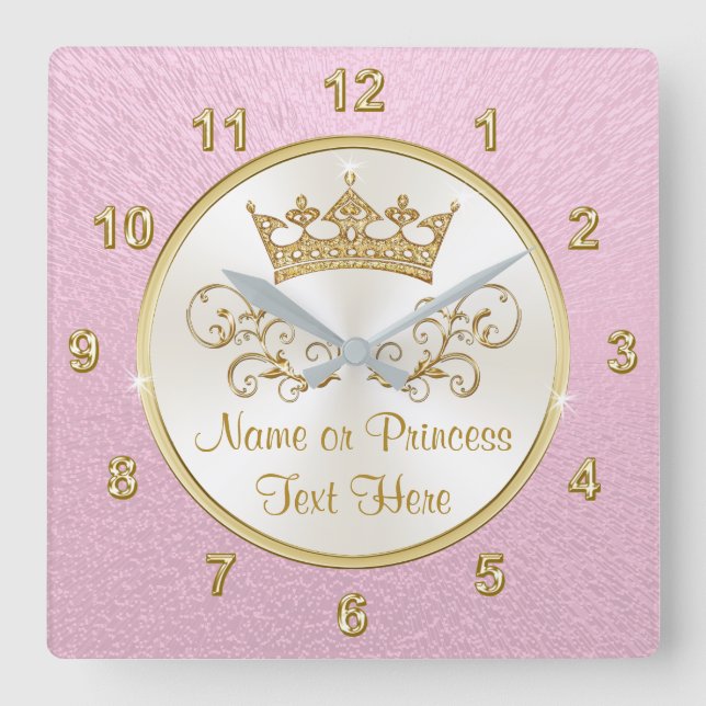 Super Hübsche Pink Princess-Uhr mit IHREM TEXT Quadratische Wanduhr (Vorderseite)