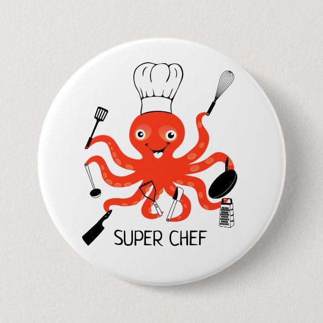 Super Koch Orange Octopus mit Kitchenutensilien Button (Vorderseite)