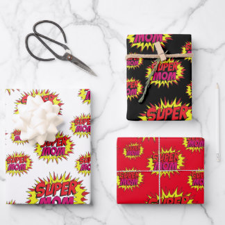 Super Mama auf Rot, Weiß und Schwarz Geschenkpapier Set