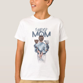Super-Mama Blau Aquarell-Mutter-und-Kinder-Kunst T-Shirt